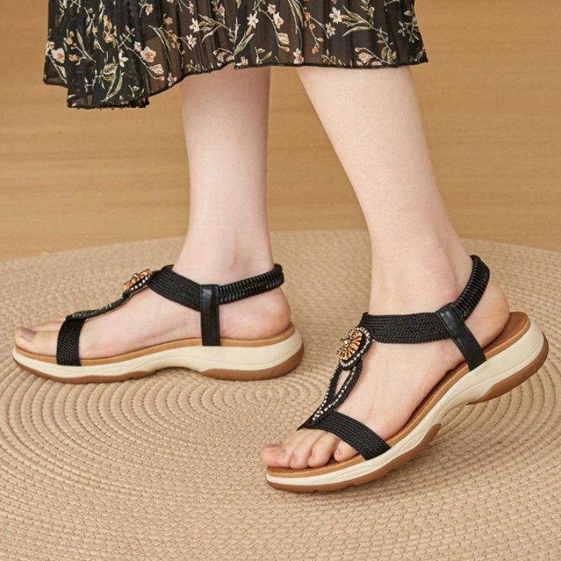 Women’s Boho Beaded T-Strap Sandals, Elastic Slingback Non-Slip TPR Soft Platform Summer Daily Beach Sandals
