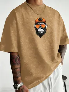 Men's Gorilla Print T-Shirt, Summer Round Neck Asymmetrical Texture Short Sleeve, Comfortable Classic Casual Retro Streetwear Top, Ideal Gift for Boyfriend