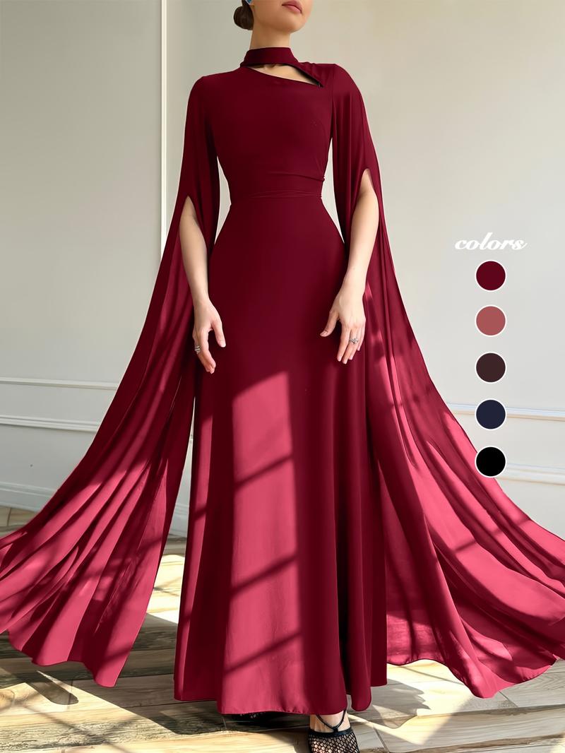 1pc Elegant Formal Evening Long Dress with Cape Sleeve, Wedding Guest Dress Women