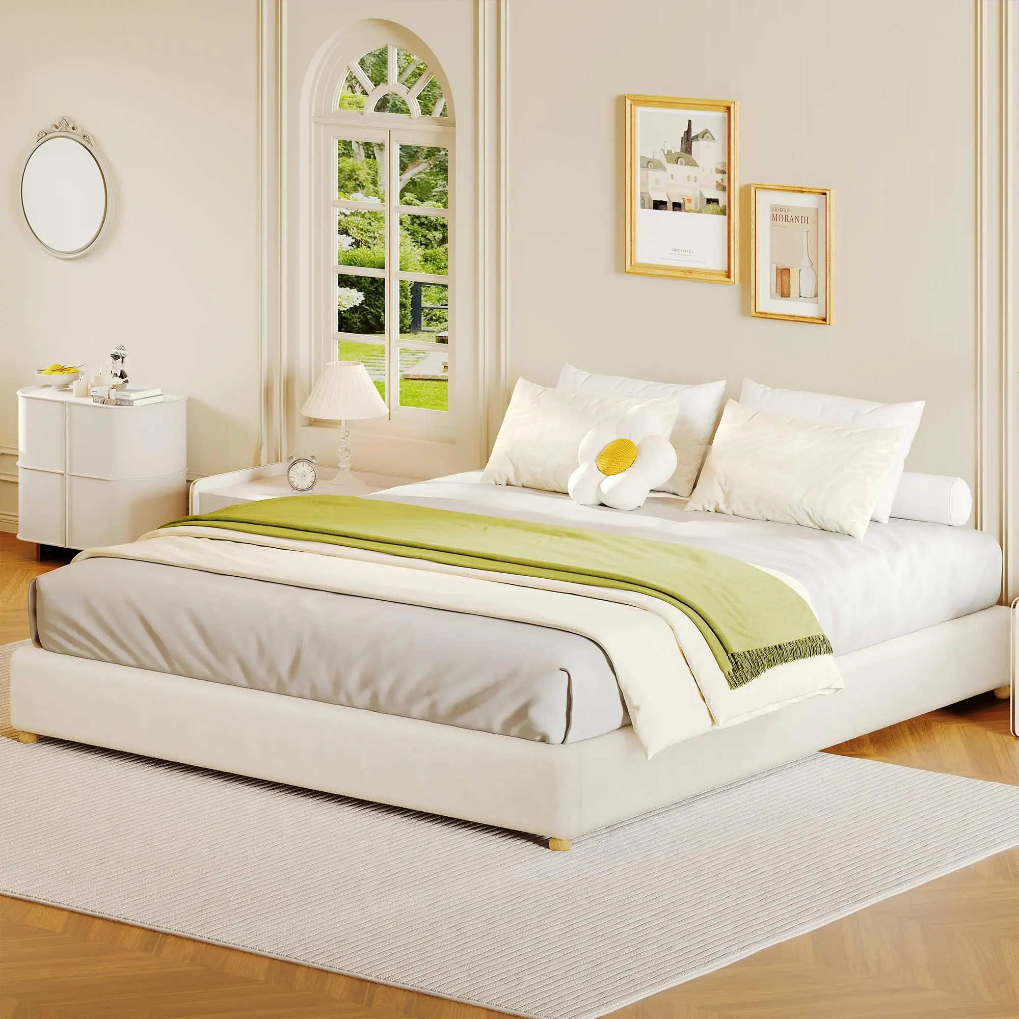 Cloud Bed Frame,Upholstered Platform Bed with Solid Wood Legs, Teddy Fleece Low Bed Frame for Bedroom,No Fixed Headboard, No Box Spring Needed,Noise Free, Easy Assembly