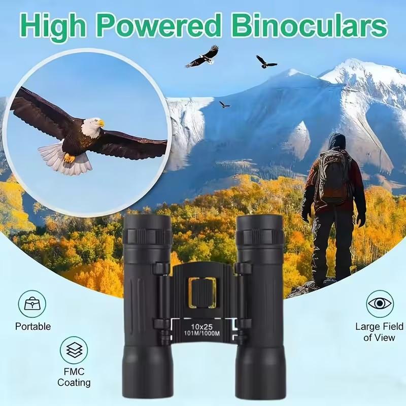 Compact 10x25 Binoculars with Lanyard and Storage Bag, Foldable Outdoor Enthusiast Choice, Multi-Coated Lens, 15mm Eyepiece Diameter