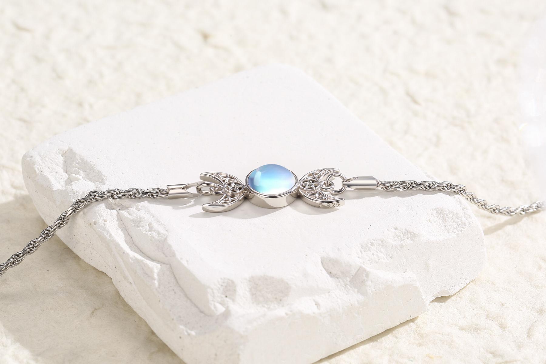 DRINSPER S925 Moonstone Bracelet, Hecate Triple Moon Goddess Bracelet, Artificial Moonstone, Pagan Wiccan Amulet Bracelet, 925 Sterling Silver Bracelet,Fashion Celtic Knot Crescent Moon,Elegant Jewelry Accessory for Women Girlfriend Girls