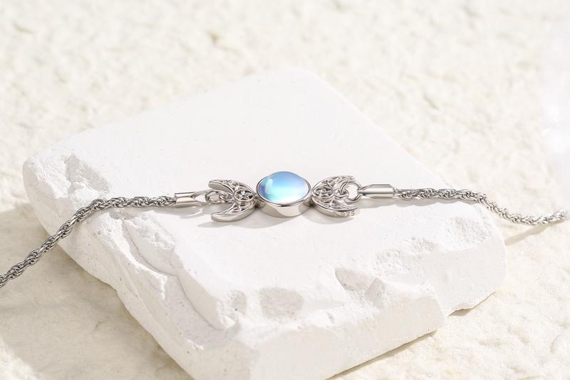 DRINSPER S925 Moonstone Bracelet, Hecate Triple Moon Goddess Bracelet, Artificial Moonstone, Pagan Wiccan Amulet Bracelet, 925 Sterling Silver Bracelet,Fashion Celtic Knot Crescent Moon,Elegant Jewelry Accessory for Women Girlfriend Girls