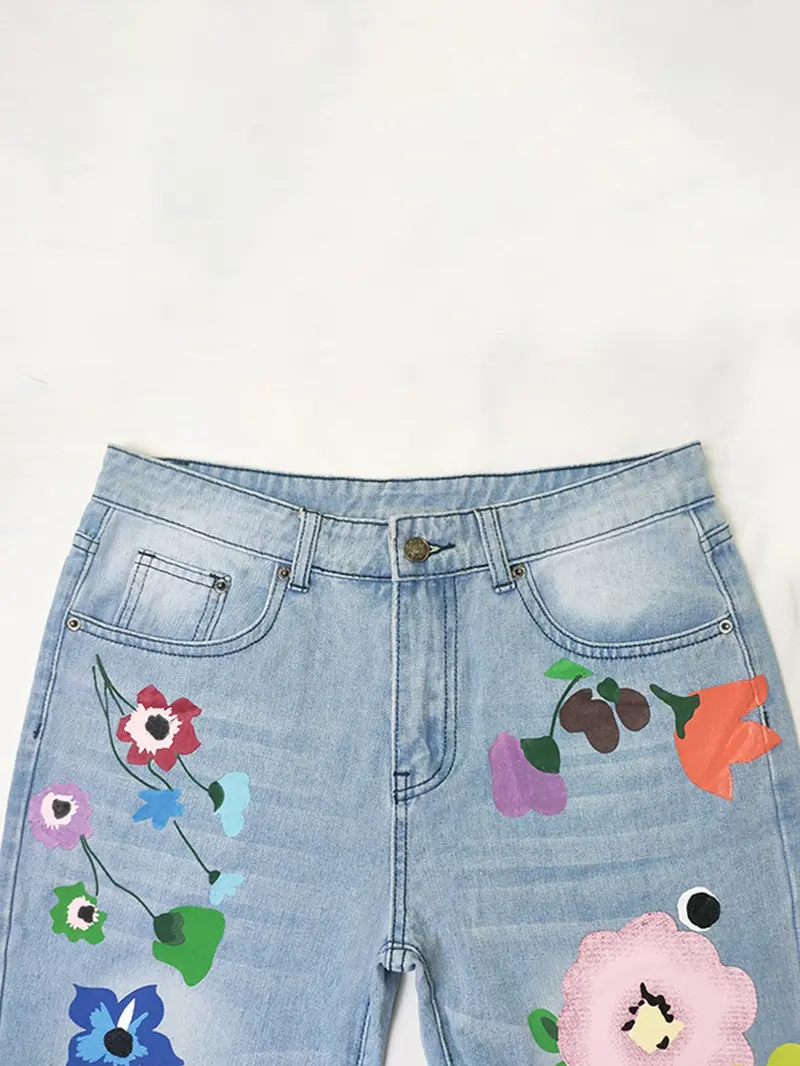 Daily Wear Light Wash Jeans with Large Plant Print, Fashion Street Style Straight Leg Long Pants, Loose-Fitting All-Season Denim