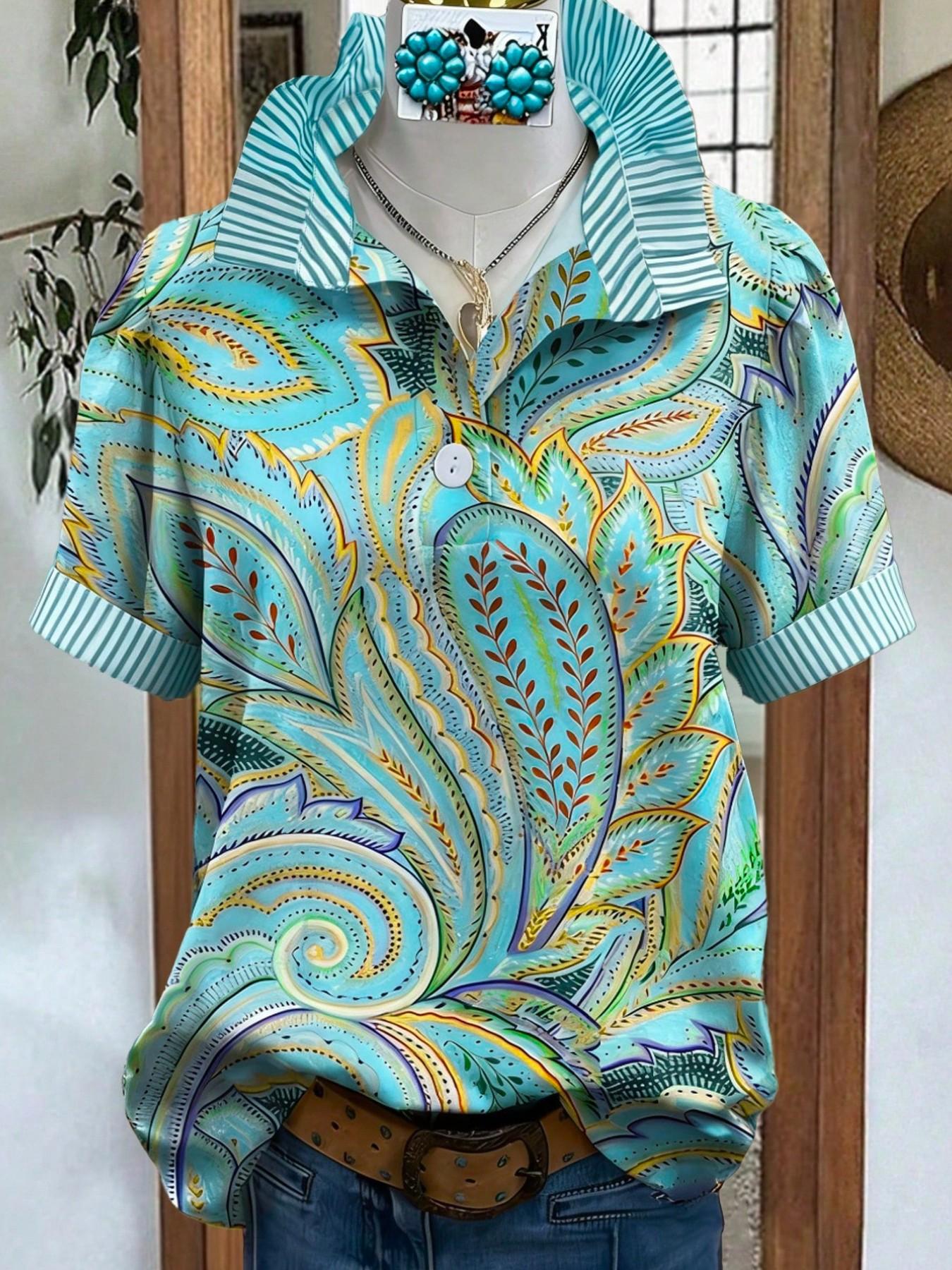 Vintage Paisley Print Blouse Shirt for Women - Spring Summer Casual Half-Open Front Top with Striped Collar