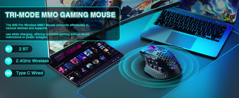 SM809 &Pro Wireless/Wired RGB MMO Gaming Mouse with 9 Side Buttons,24000 DPI,16 Programmable Macros,Triple Connectivity (2.4G/BT5.0/Wired) MMO Mouse for Gamer,Up to 350H Battery Life,White,Gaming Accessoies