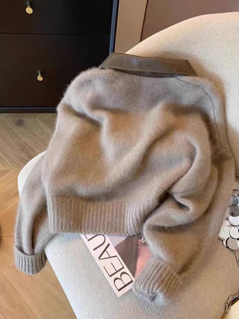 Fashion Casual Leather Collar Zipper Short Knit Cardigan Jacket, Long Sleeve Loose-Fitting Colorblock Design for Fall & Winter