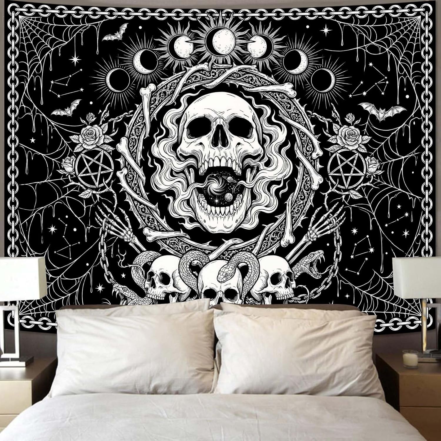 A Gothic mysterious skull tapestry, black and white moon snake wall tapestry, bedroom, dormitory, living room decoration