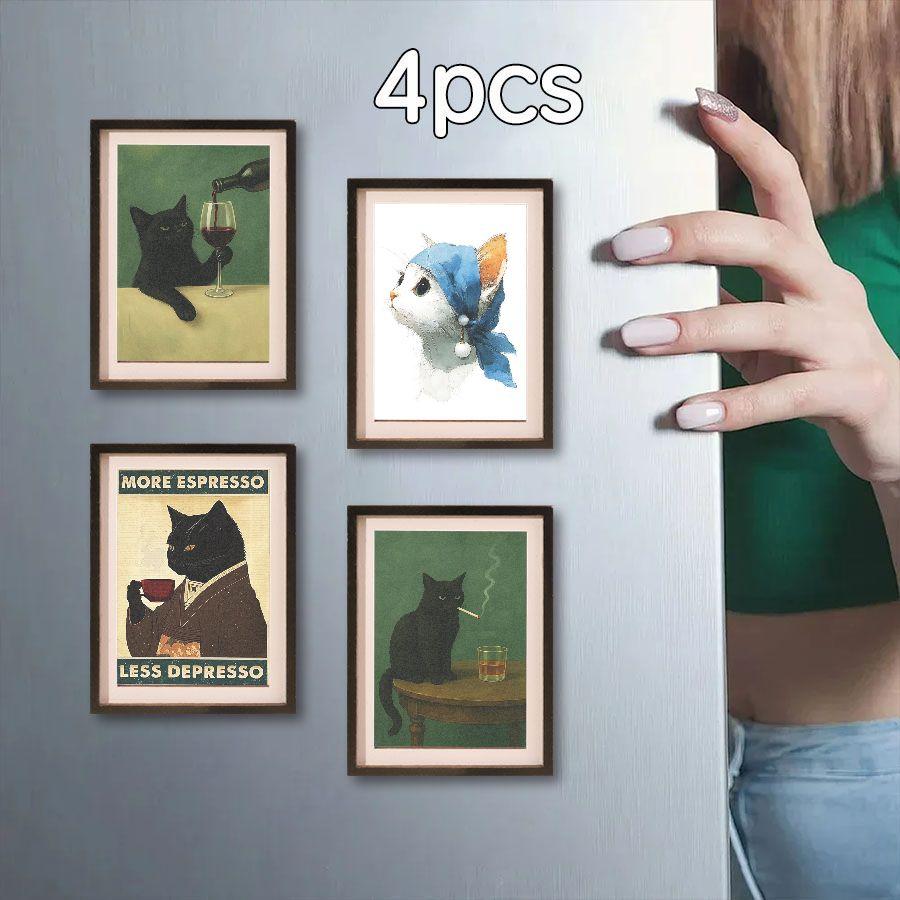 4 Pcs Fun Cat Refrigerator Magnets, Mini Frame Magnet Set, Home & Festival Decor, Perfect Holiday Gift, Creative Kitchen Accessories