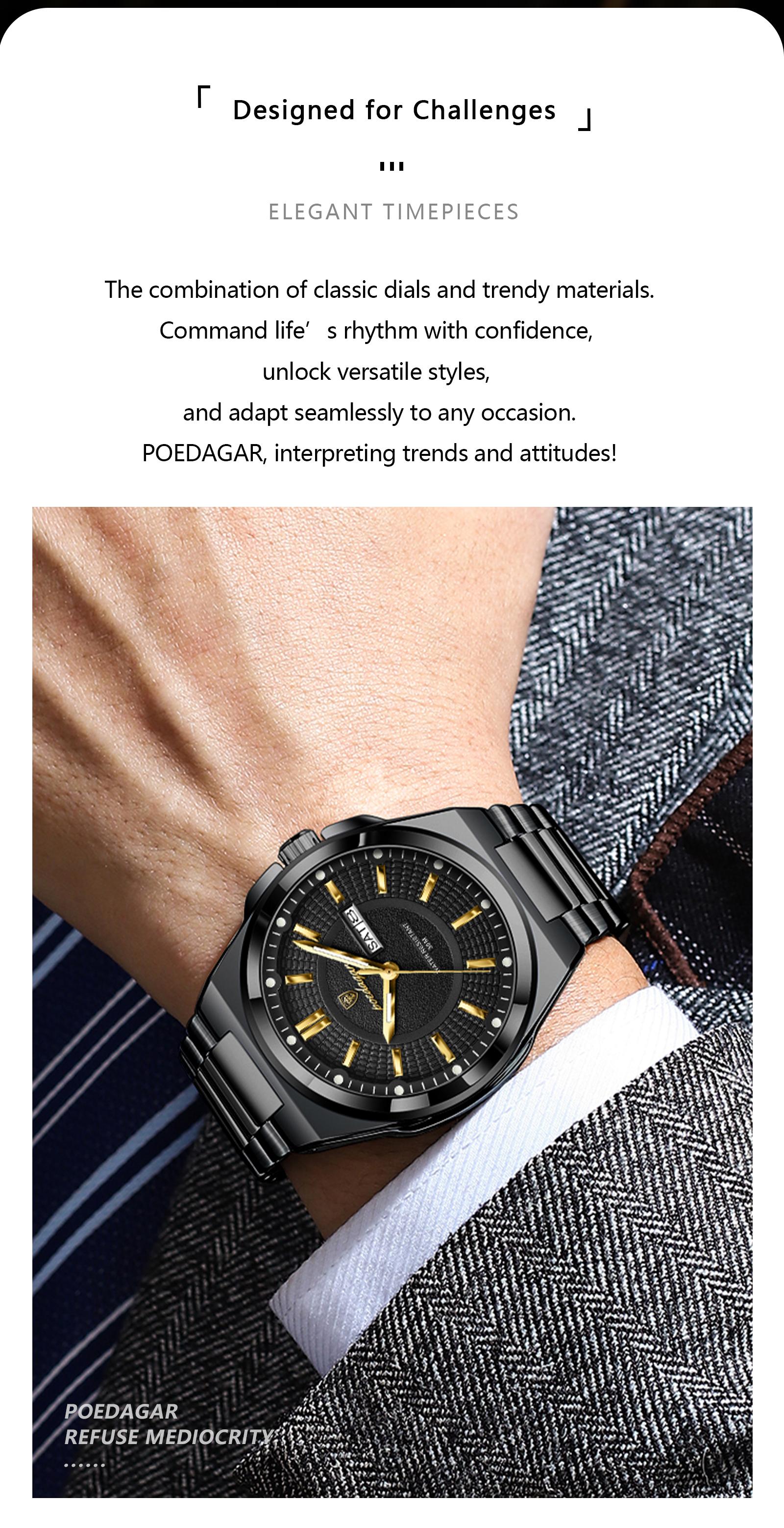 Poedagar Top Business Men's Watches, Stainless Steel Waterproof Luminous Man Watch, Date Week Display, Casual Fashion Quartz Wristwatch, Casual Trendy Wristwatch, Stylish Watch