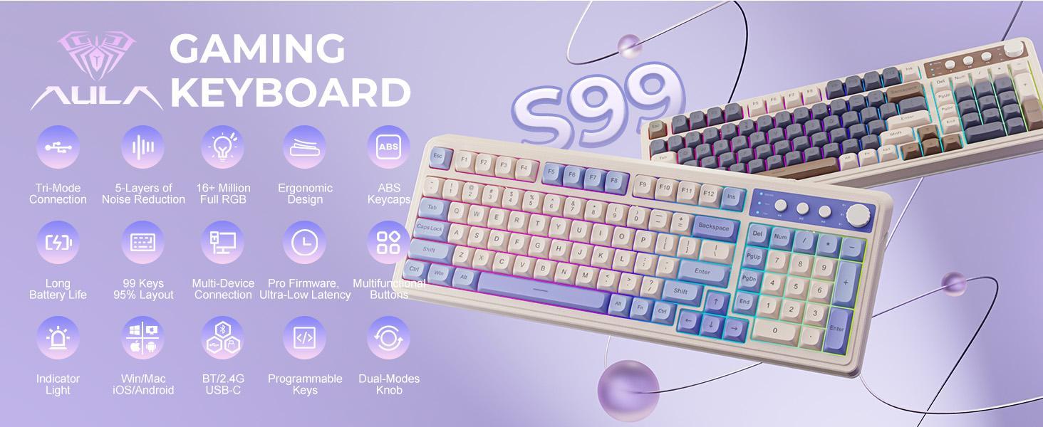 AULA S99 Key Full-Size Tri-Mode Bluetooth/2.4GHz/USB-C Gaming Keyboard, RGB Backlit, Media Knob, Mechanical Feel Compatible with PC, Mac, and Xbox S99 Keyboard  Fixed Keycaps & Switches (Non-Replaceable)