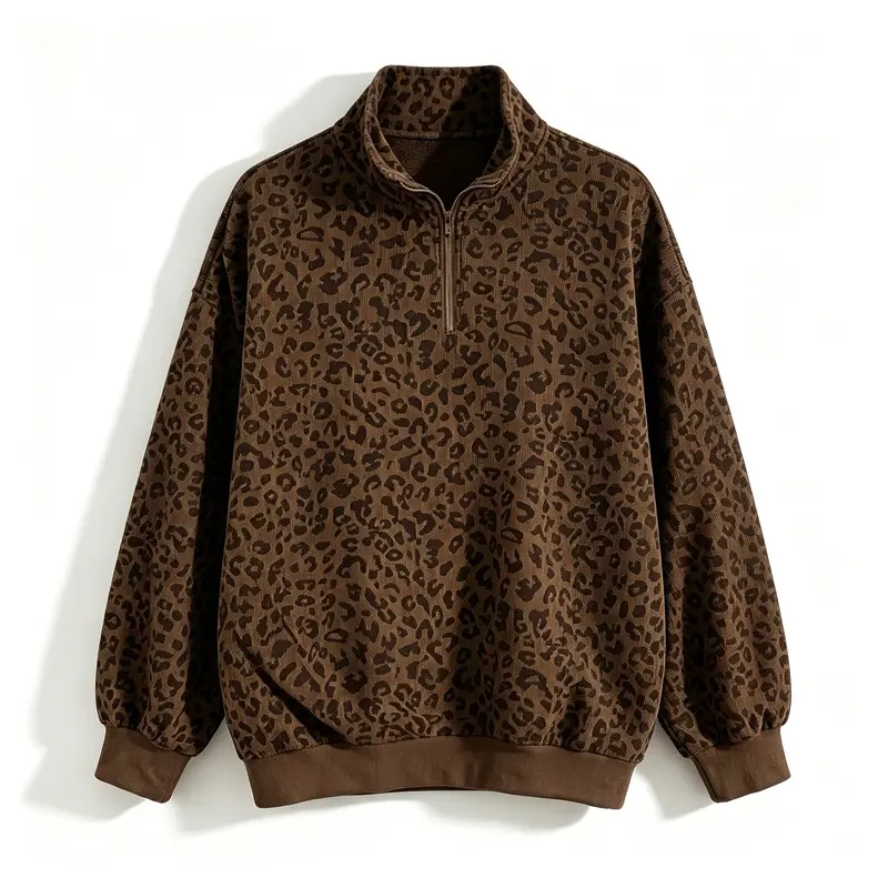 Women’s Vintage Leopard Print Corduroy Pullover Top, Quarter Zip Stand Collar Long Sleeve Sweatshirt, Loose Mid‑Length Casual Jacket for Early Fall & Early Spring Daily Streetwear