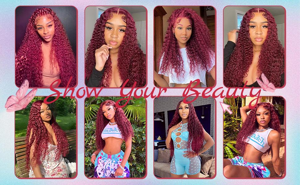 Burgundy Deep Wave Lace Front Wigs Human Hair 13x6 Wine Red Curly HD Lace Front Wig with Baby Hair 99j 180% Density for Women Natural Look