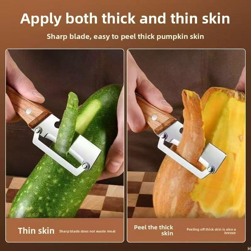 Kitchen Multi-Functional Wooden Handle Stainless Steel Thick Fruit Peeler Knife, Ideal for Sugarcane and Pineapple Peel Tool