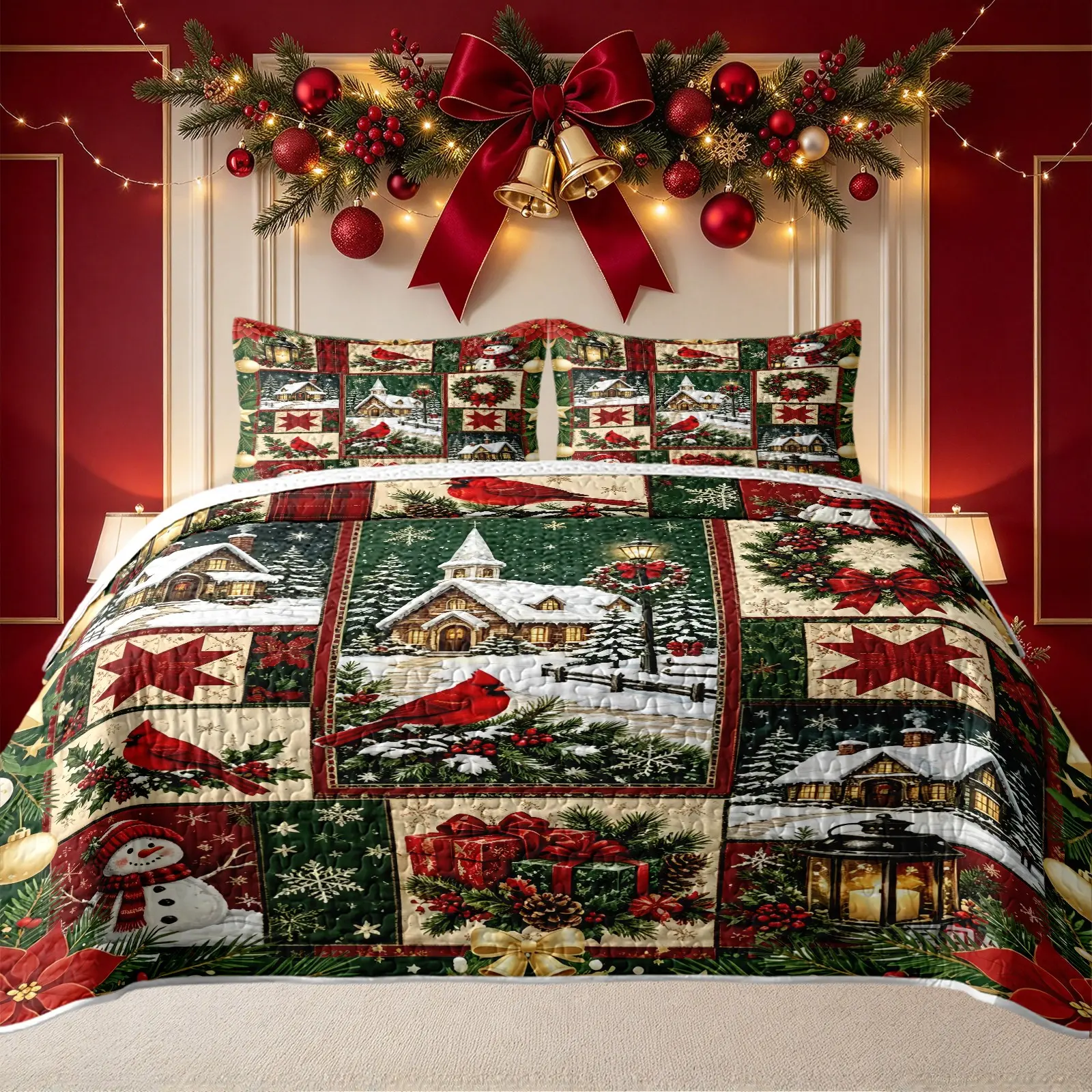 3Pcs Winter Country Snow Scene Patchwork Quilt Set, Decorative Bedding Set, Includes 1 Quilt and 2 Pillowcases Red Cardinal Snowy Cottage Snowman Multi Element Blocks Retro Farm Style Reversible Lightweight Bedding No Inner Filling All Season