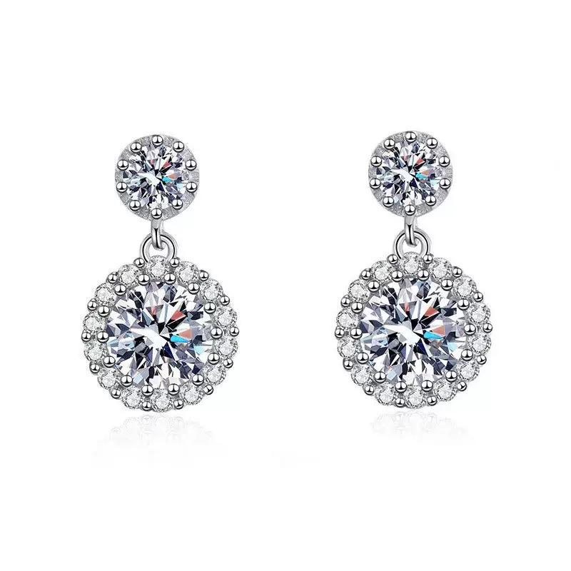 [#274] Halo Drop Earrings, 1ct+1ct Brilliant Round Cut, VVS Synthetic Moissanite, 925 Sterling Silver Jewelry for Women