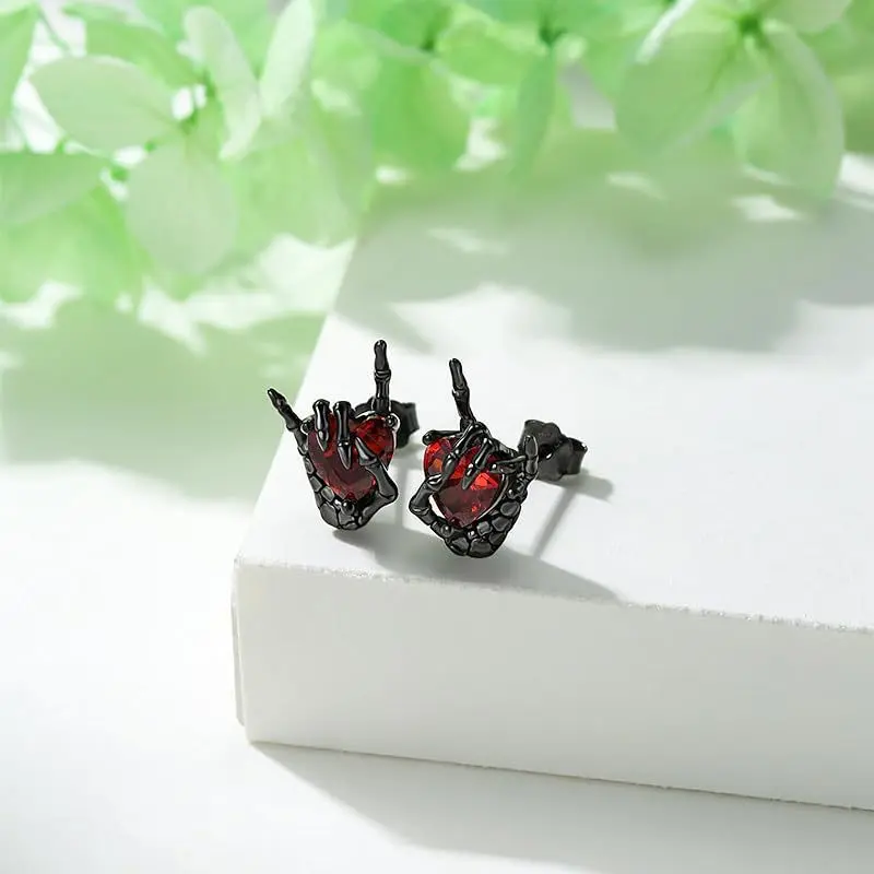 Women Niche Retro Dark‑Style Stud Earrings, Minimalist Fashion Ghost Hand Gesture Heart Shape Rhinestone Inlaid Dainty Ear Jewelry