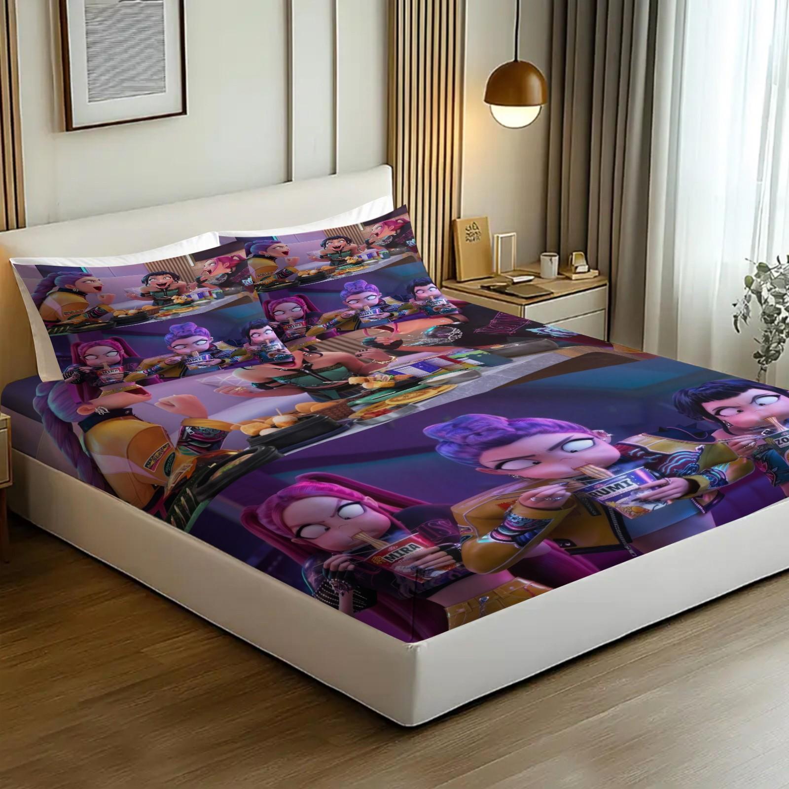 Kpop Girl Group Casual Style Bed Sheet Set, Anti-Slip Anime Idol Themed Mattress Covers, Fashionable Home Decor Accessories