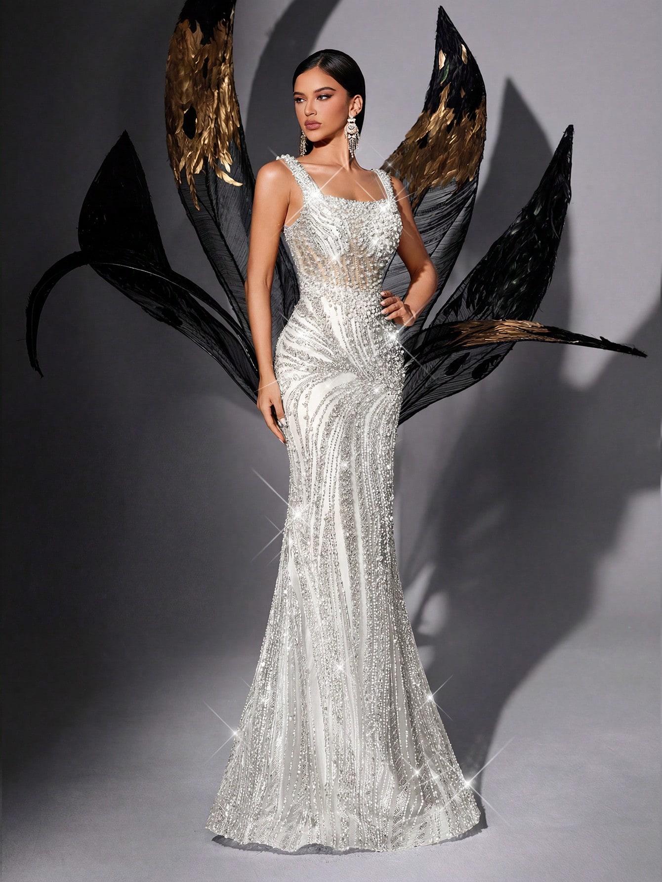 Women's Woven Fabric Prom Dress - Square Spaghetti Straps, Cross-Tie Back, All-Over Rhinestones, Sleeveless Bodycon Mermaid Style, Comfortable Floor-Length Formal Gown for Prom, Wedding Reception Events, Lady