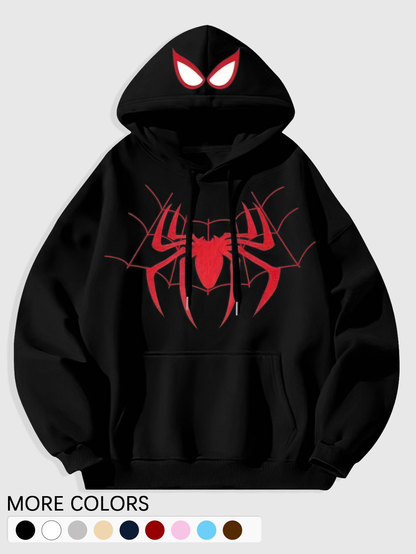 Men's Black Spider-Man Graphic Hoodie with 3D Red Spider Logo and Web Design, Soft Fleece Pullover for Superhero Fans and Casual Streetwear