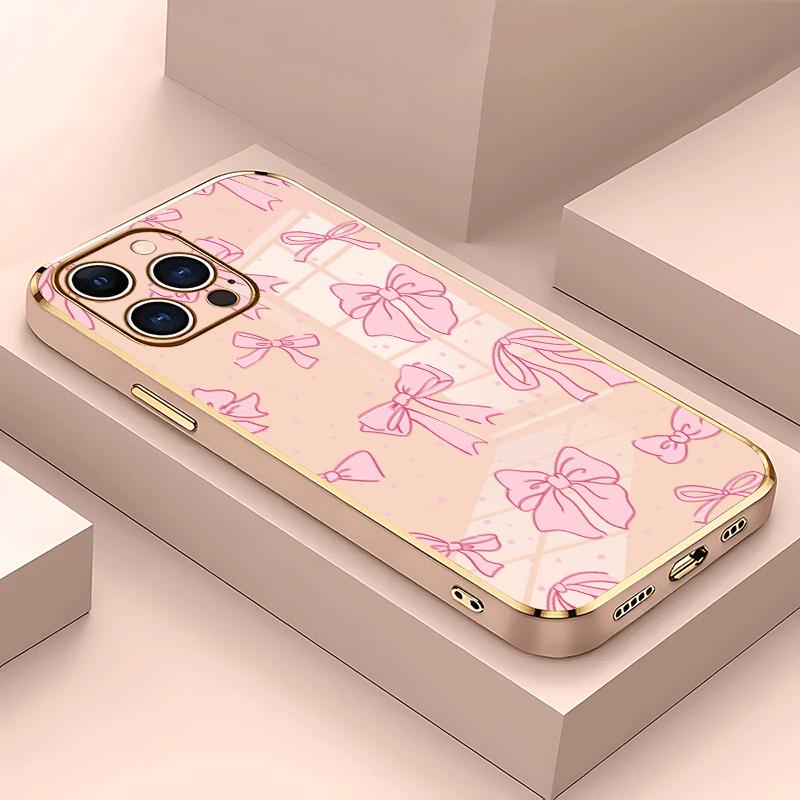 Full screen pink bow tie Soft&Flexible Electroplating TPU Silicone Phone Case For iPhone 17 Pro Max AIR 16 15 14 13 12 11 Plus Cases Durable|Shockproof|Full Camera Protection|Anti-Scratch|Non-Slip|Slim Fit|Gift For Girlfriend/Men/Women