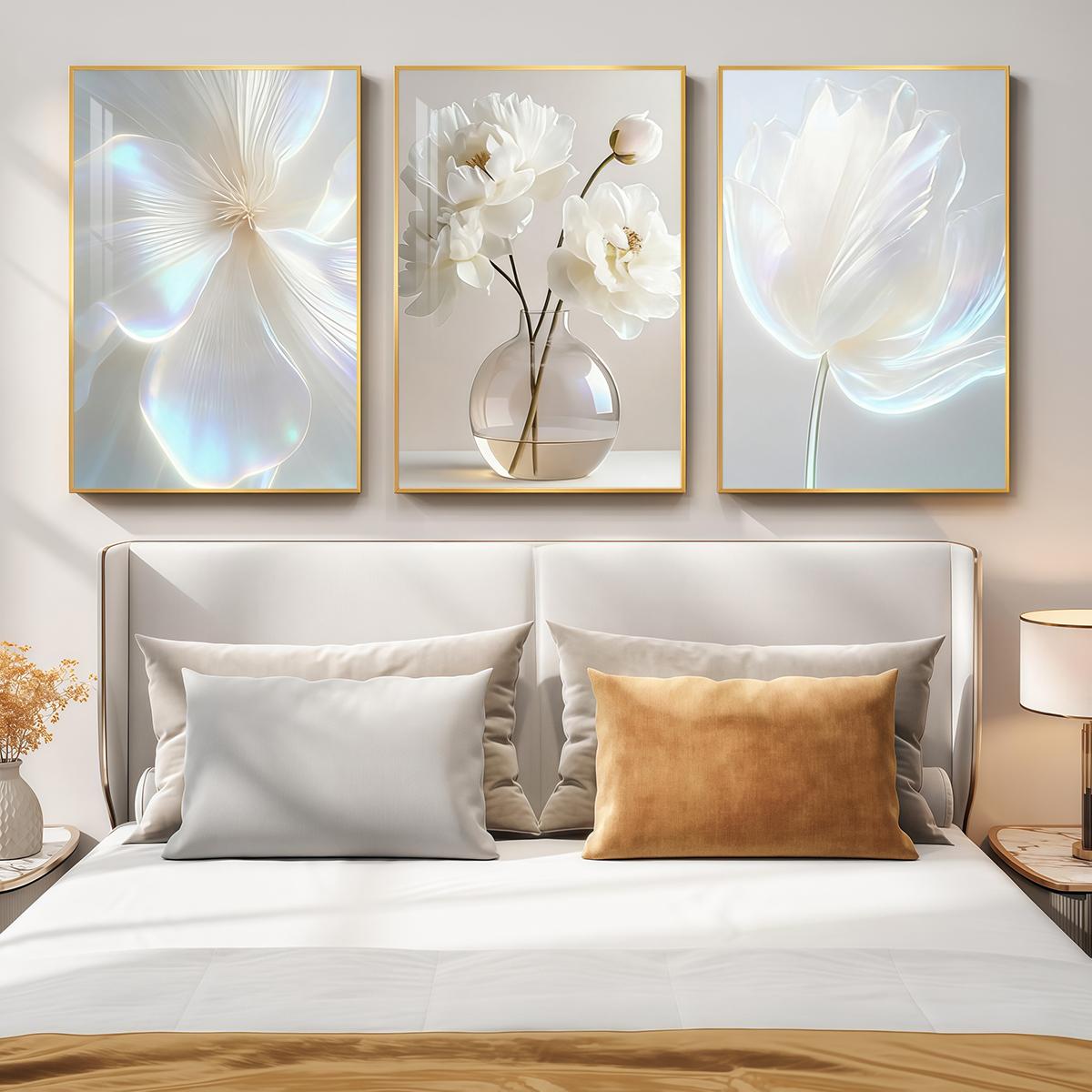 3 Counts Aluminum Alloy Framed Painting, White Floral Vase Artwork, Home Decoration For Living Room, Bedroom, Office, Restaurant, Hallway Wall Decor, Odorless Print Artwork, Luxury Perfect Gift For Friends And Family