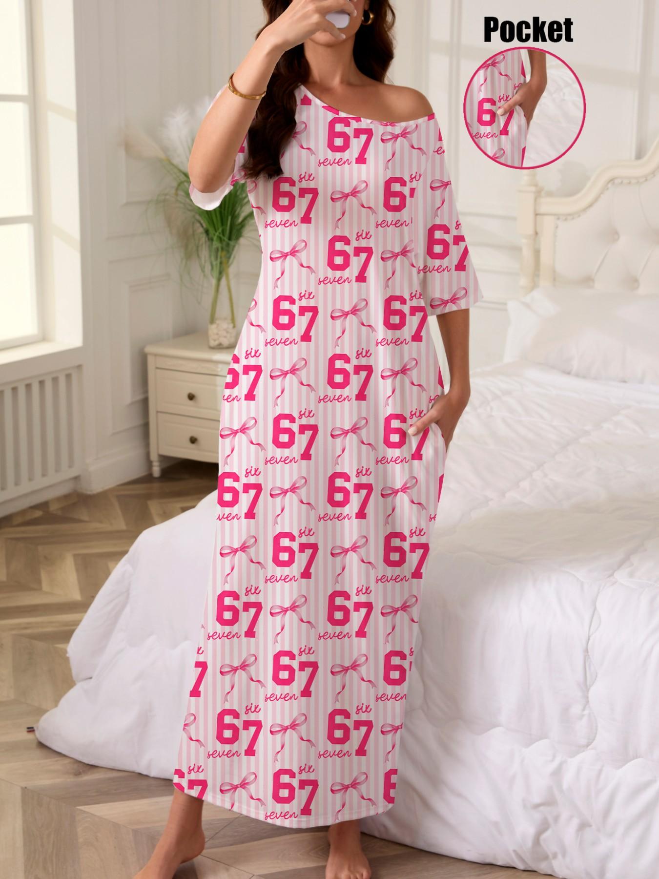 Butterfly Number Print Nightgown, Women's Casual Loose-Fit Short Sleeve Robe, Comfortable Holiday Party Sleepwear, Side Pockets, All Seasons