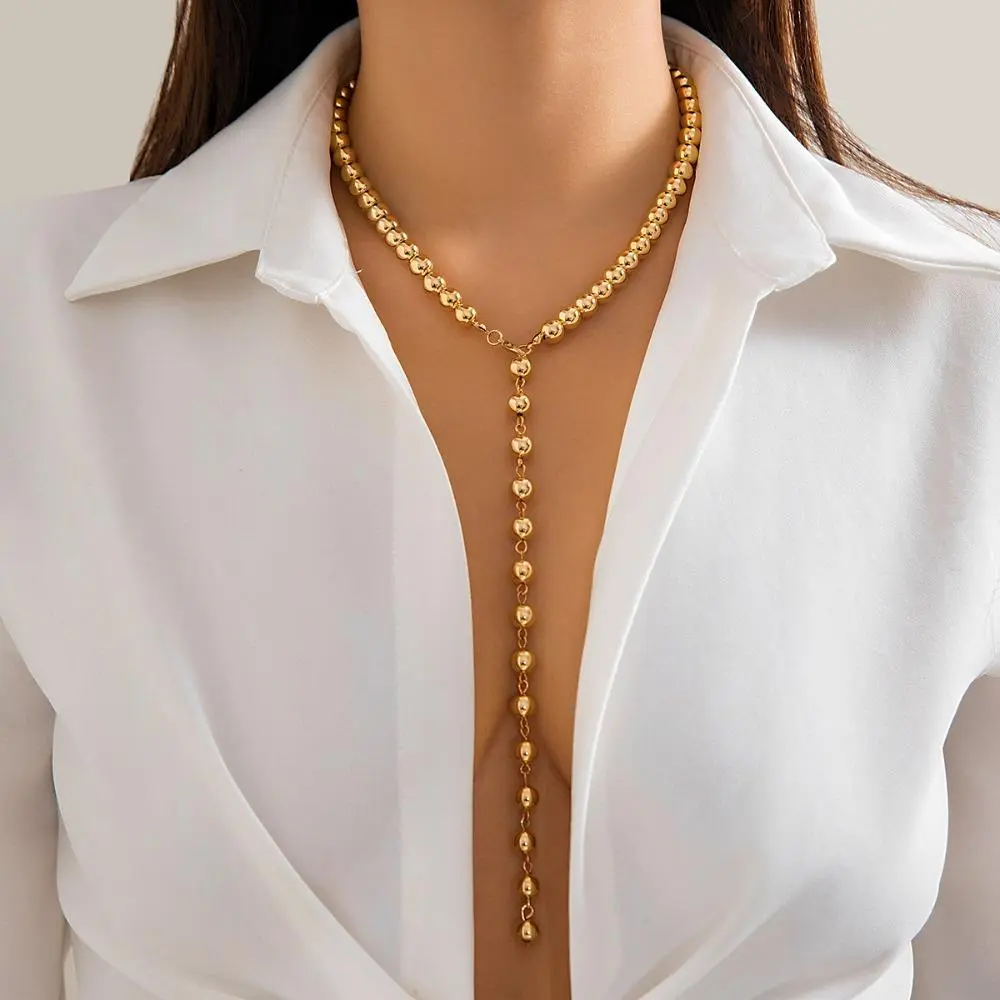 Vintage Round Bead Chain Necklace, Minimal Faux Pearl Tassel Long Neck Jewelry, Niche Elegant Clavicle Accessory, Retro Dainty Pearlcore Layered Stackable Chain, Everyday Wear Statement Aesthetic Outfit Jewelry Gift For Women, Adjustable, Long Chain