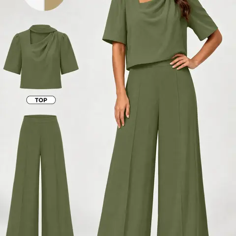 Women's Casual 2‑Piece Matching Outfit Set, Cropped Puff Short Sleeve Top & High Waist Wide Leg Pants, Ideal for Everyday Wear, Comfortable and Stylish, High Waisted Sets