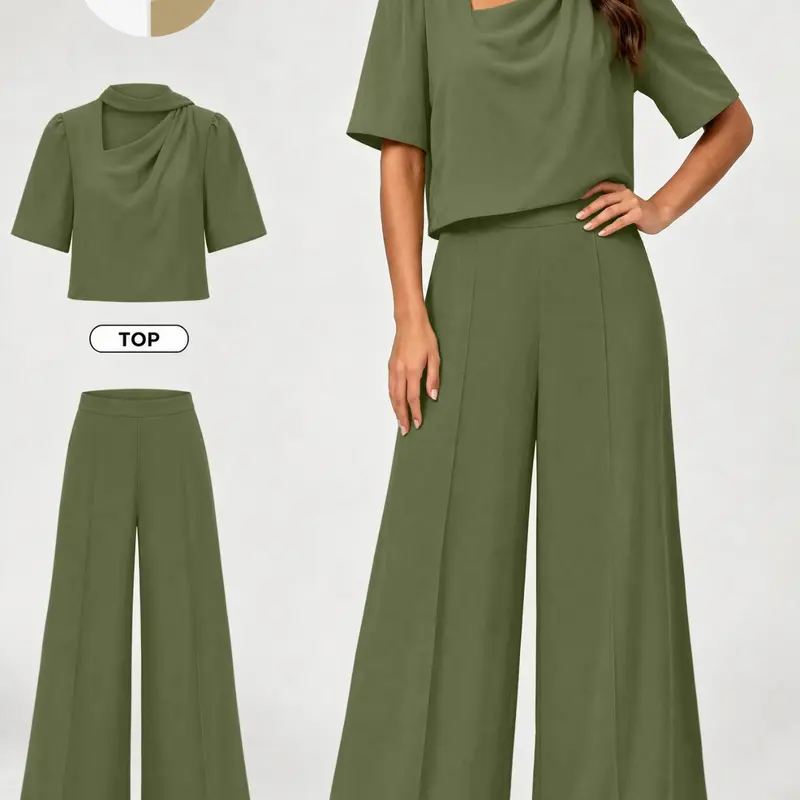 Women's Casual 2‑Piece Matching Outfit Set, Cropped Puff Short Sleeve Top & High Waist Wide Leg Pants, Ideal for Everyday Wear, Comfortable and Stylish, High Waisted Sets