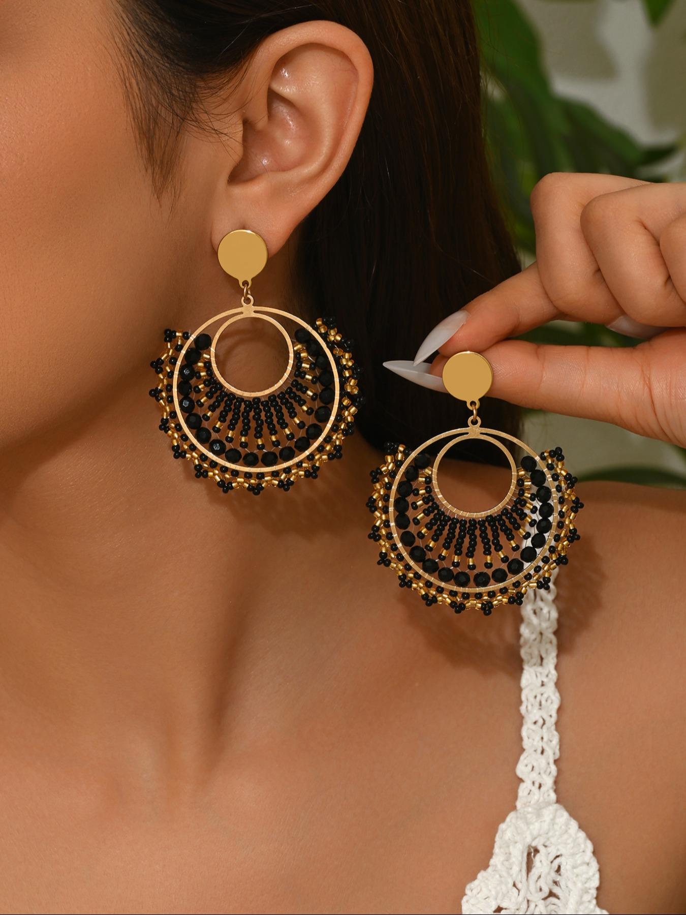 1 pair Boho Style Handmade Beaded Dangle Earrings, Vintage Ethnic Multicolor Jewelry, Perfect for Weddings, Parties, Festivals, Gifts