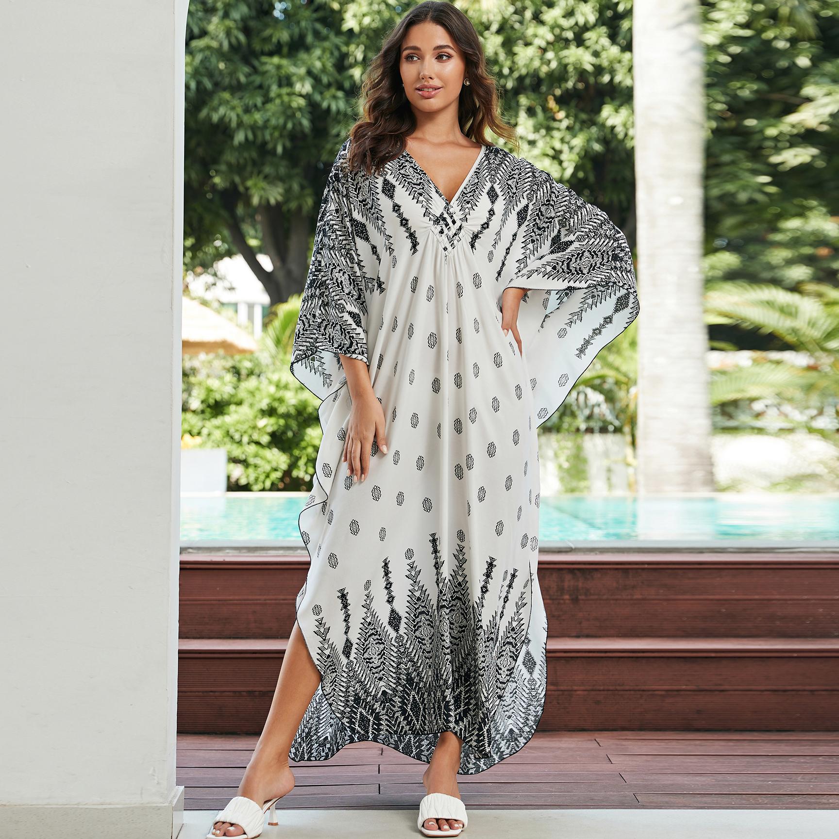 Bsubseach Women Ethnic Print Kaftan Dress ，Plus Size All Over Print  Sleeve TunicDress, Boho Casual V Neck 3/4 Sleeve TunicDress for Women, Women's Plus Cover Up,Mrs. Roper Kaftan ，bubu，mumu，Casual Womenswear Summer Bohemian Tangerine Hibiscus