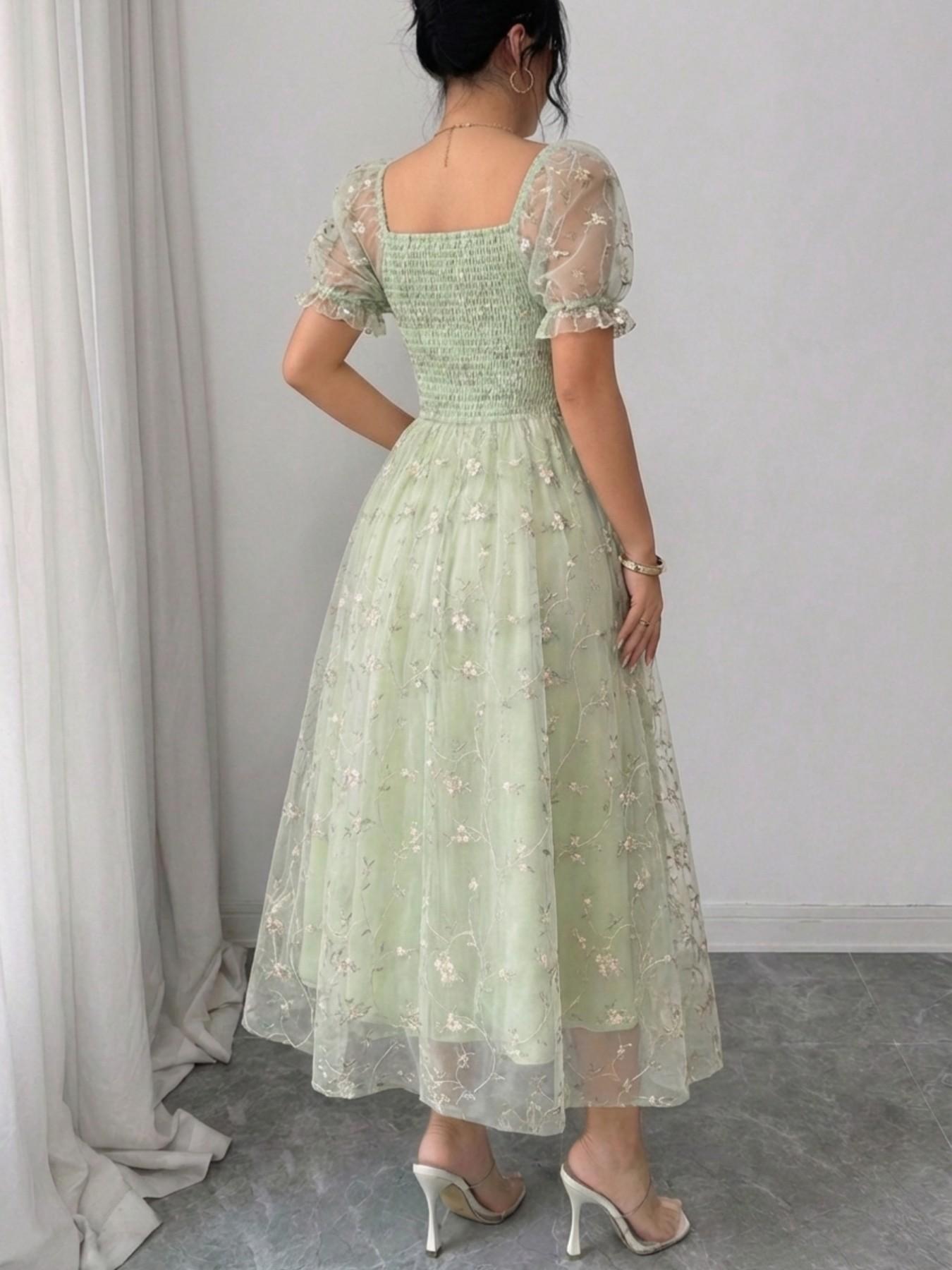 Elegant Short Sleeve Long Dress, Womenswear Mesh Embroidered Country Style Casual, Elegance, Vacation Wear, 8030 Model, Perfect for Relaxing Days