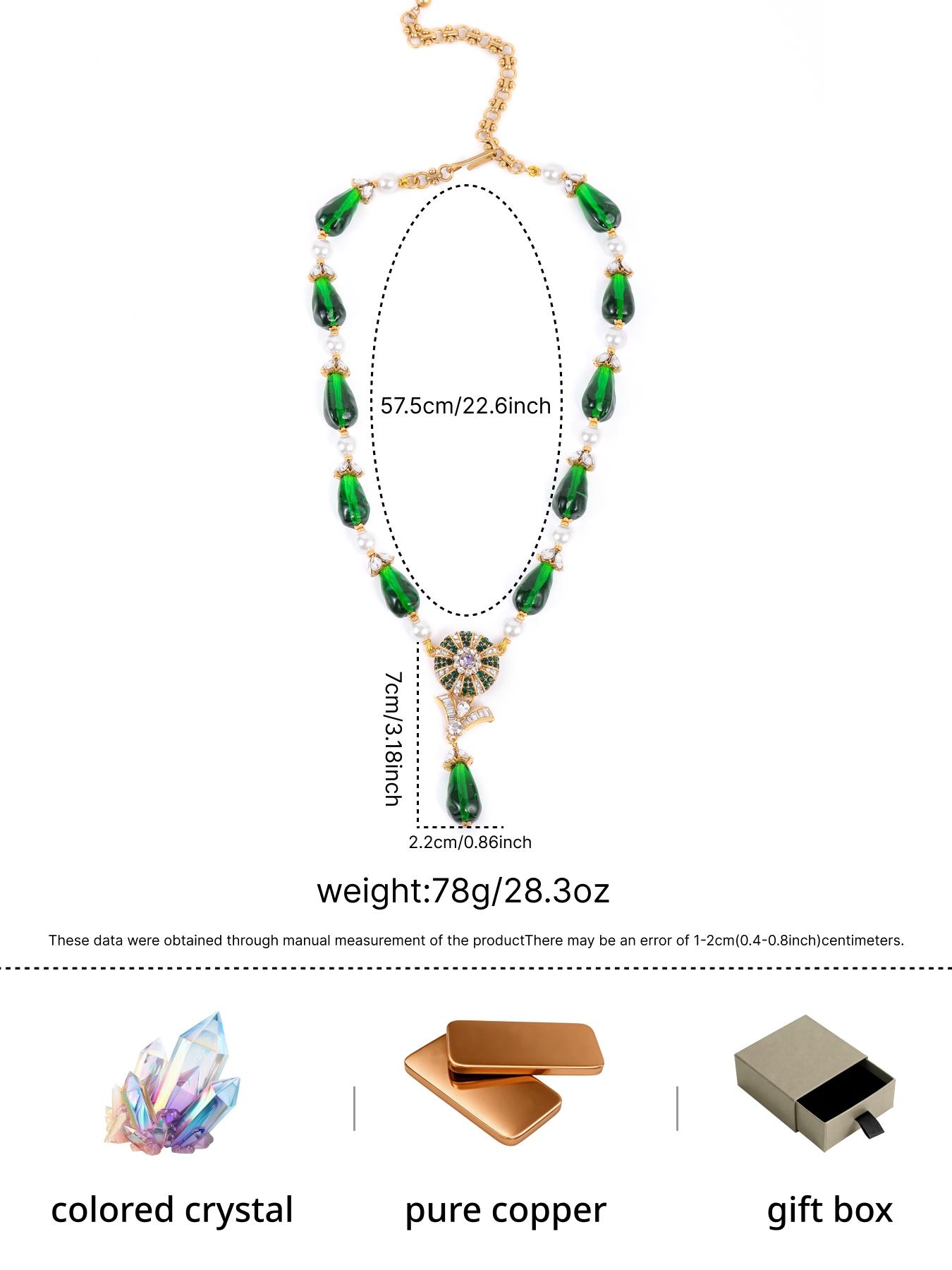 A vintage green teardrop-shaped gemstone and pearl alternating necklace, suitable for daily commuting, vacation, and dates, and also a delightful and exquisite small gift.