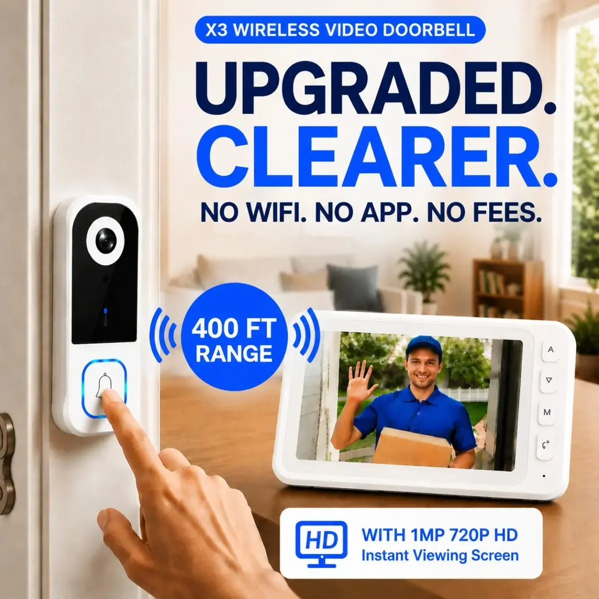 2026 Upgraded No-WiFi Security Doorbell Camera - Wireless Smart Doorbell, 1MP 720P HD Instant Viewing Screen, No App, No Monthly Fees, Night Vision, 2-Way Intercom, 400ft Stable Connection