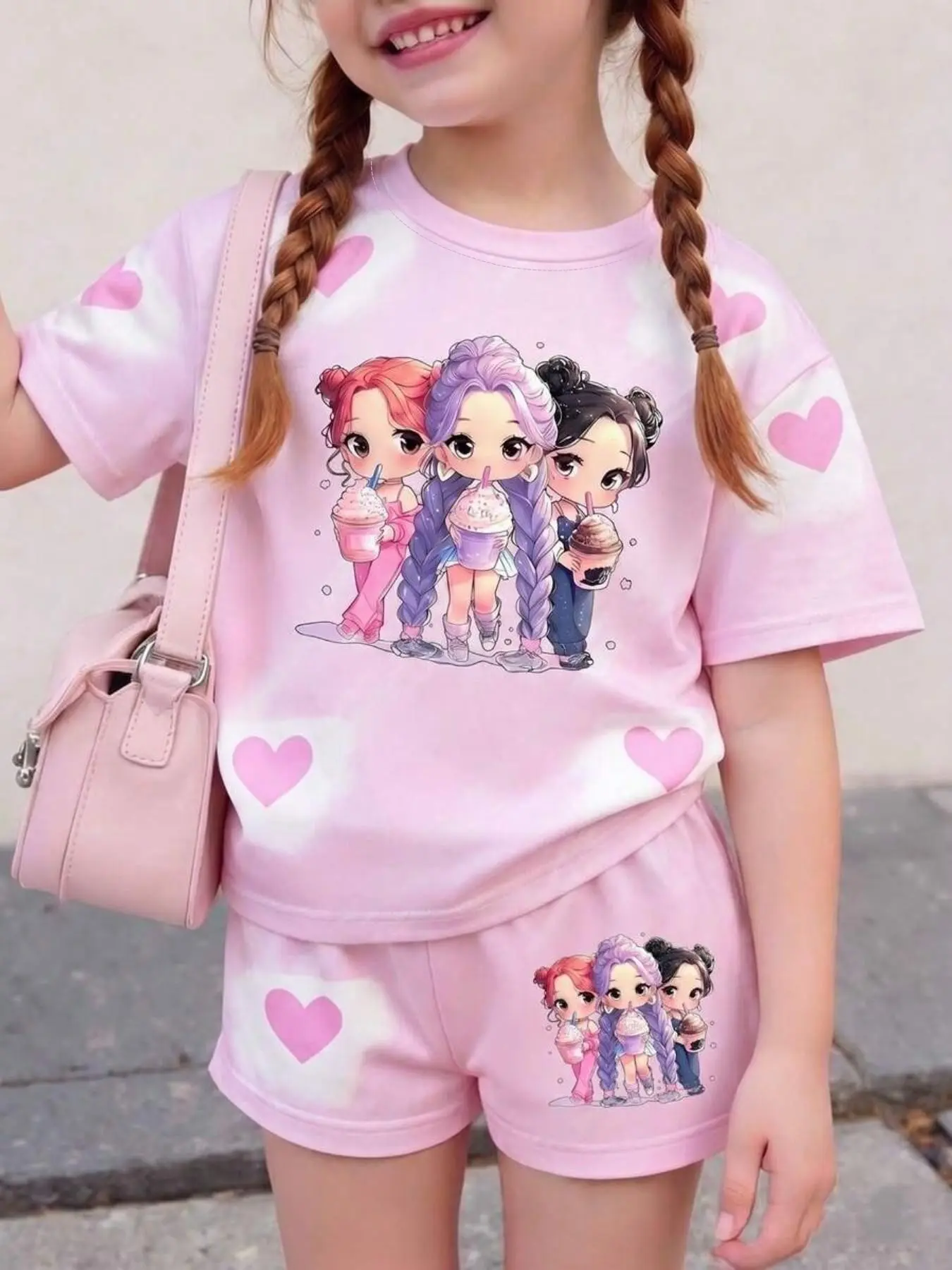 Girls' Sweet Heart Cartoon Suit, Casual Slim-Fitting Two-Piece Set, Summer Home &, Cute and Versatile Kids Clothing, Graphic Print Set, Summer Clothes Set