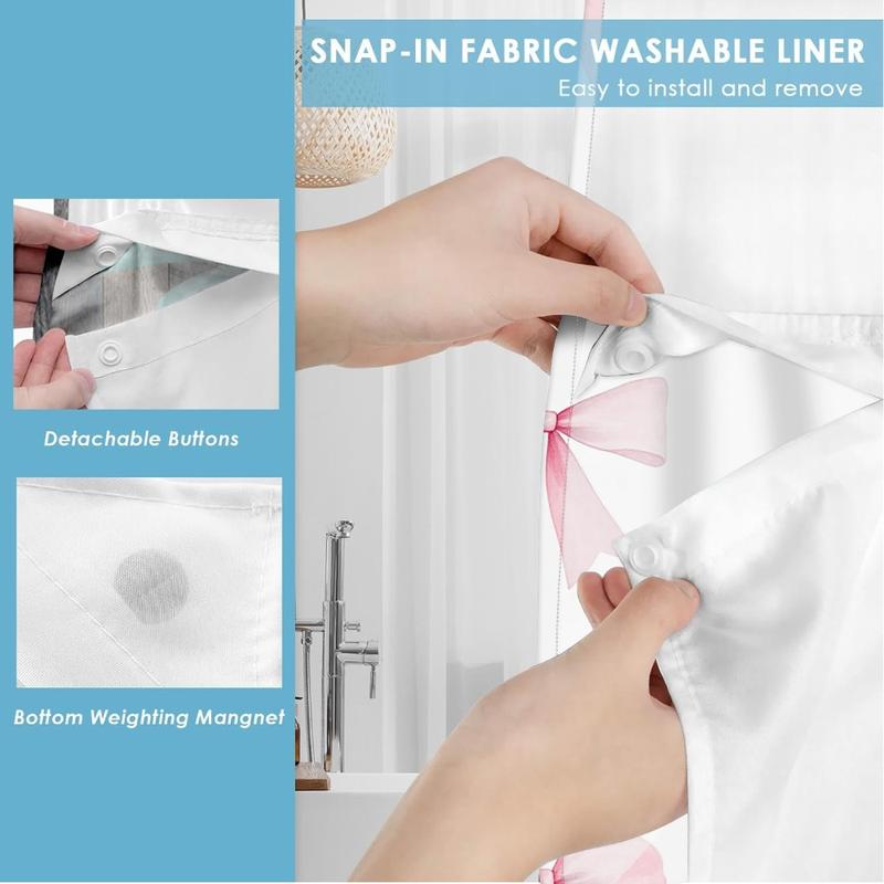 1pc hookless shower curtain with buckle lining, spring pink and white bow pattern design, 2D flat printing, fabric waterproof lining, see-through double-layer shower curtain, 71 x 74 inches, modern home draping curtain, Shower Curtain Liner 1pc hookless shower curtain with buckle lining, spring pink and white bow pattern design, 2D flat printing, fabric waterproof lining, see-through double-layer shower curtain, 71 x 74 inches, modern home draping curtain, Shower Curtain Liner