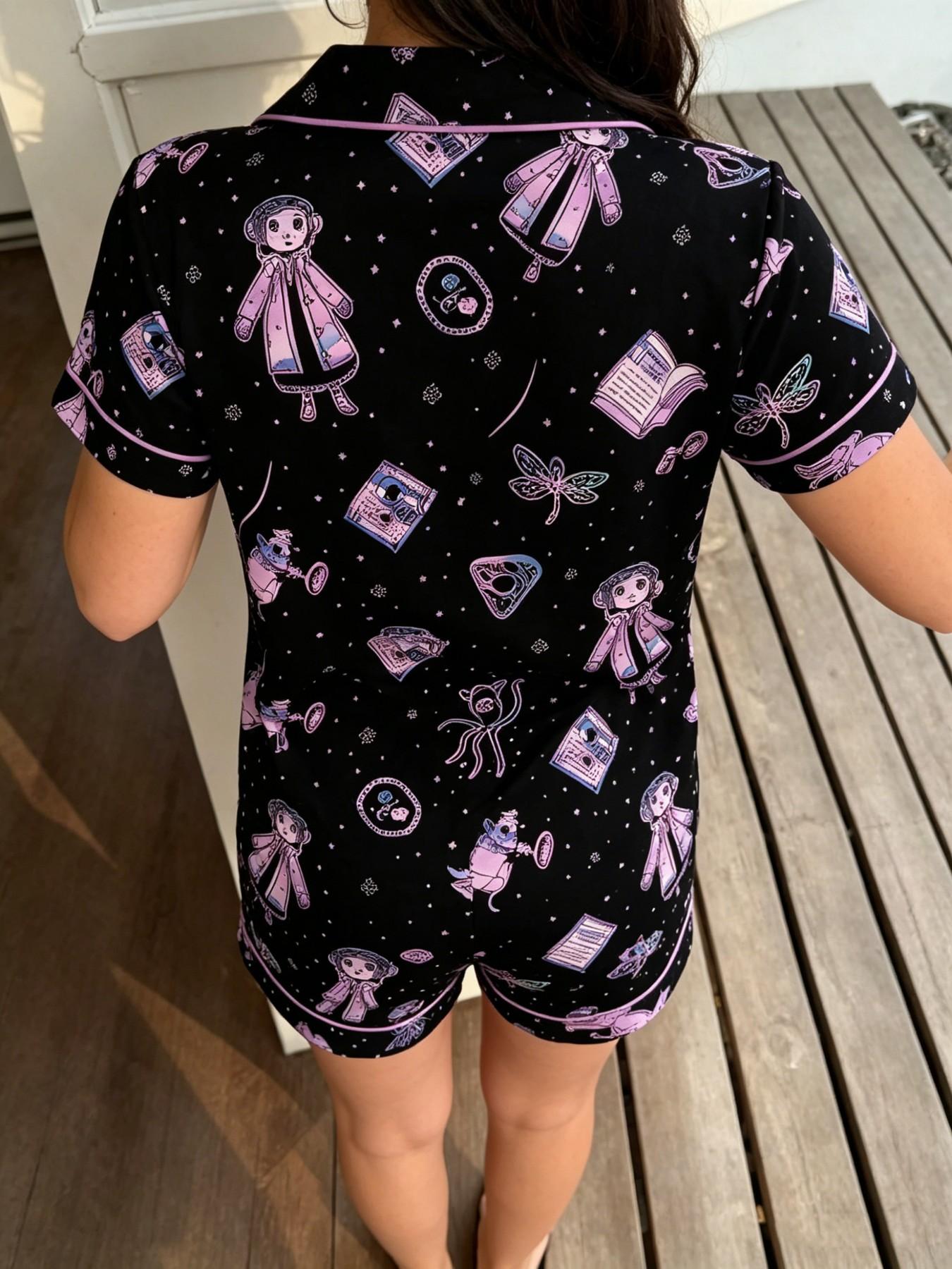Dreamy Macaron Cartoon Print Pajama Set, Short Sleeve and Shorts, Lightweight Pure Cotton, Ideal for Home Relaxation