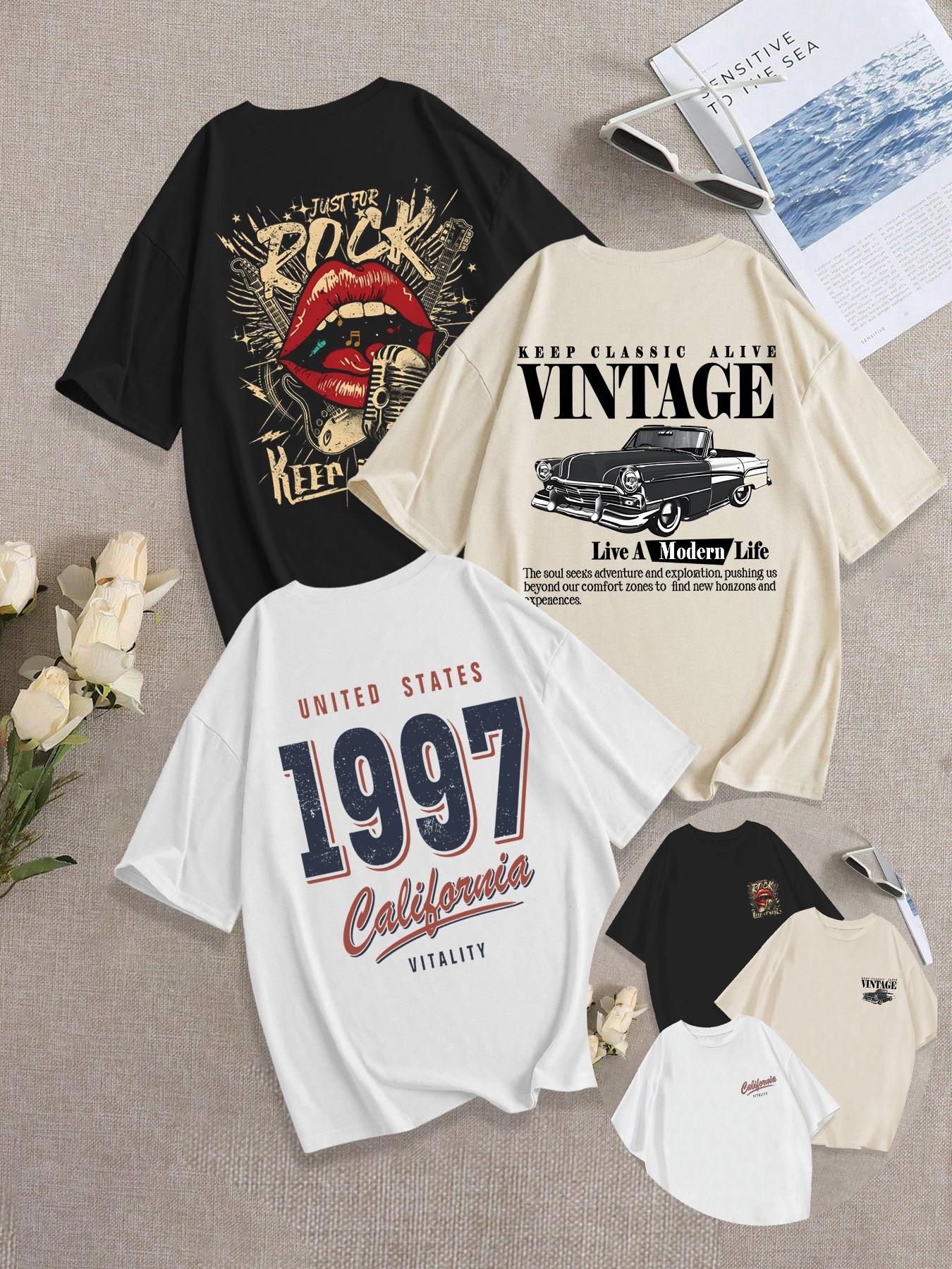 3-Pack Breathable Casual, Classic Loose Fit Round Neck T-Shirt, Vintage Comfortable Mouth/Car Pattern Print Daily Wear, Trendy Summer Tee