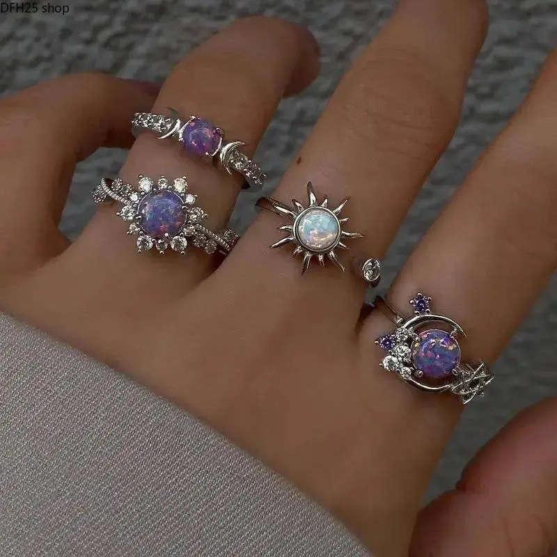 2-3PCS Sun and Moon Crystal Ring Set for Women, Celestial Geometric Open Bands with Sparkling Accents for Daily Wear and Layered Styling