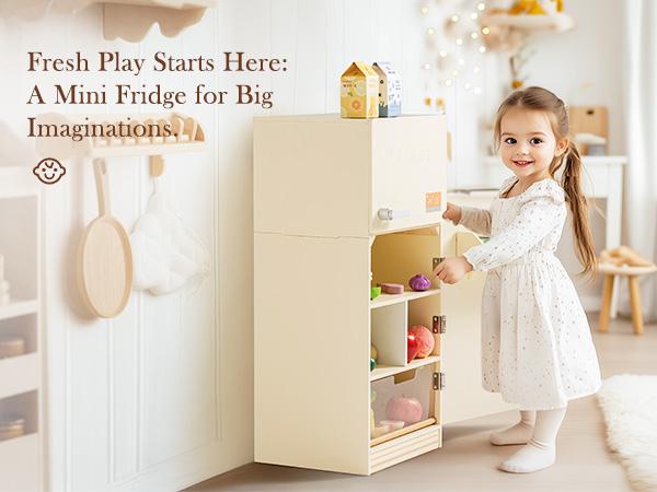 Play Kitchen Toy Fridge Fryer - Wooden Toy Refrigerator with Accessories, Pretend Play Kitchen Set for Kids & Toddlers, Freezer with Play Food for Ages 3+