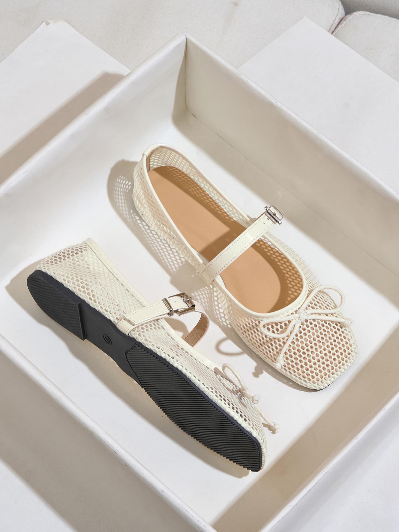 Ballerina Hollow Out Mesh Flat Shoes Summer Bowknot Square Toe Breathable Casual Sandals Fashion Comfort Soft Sole, Bowknot Design Flats
