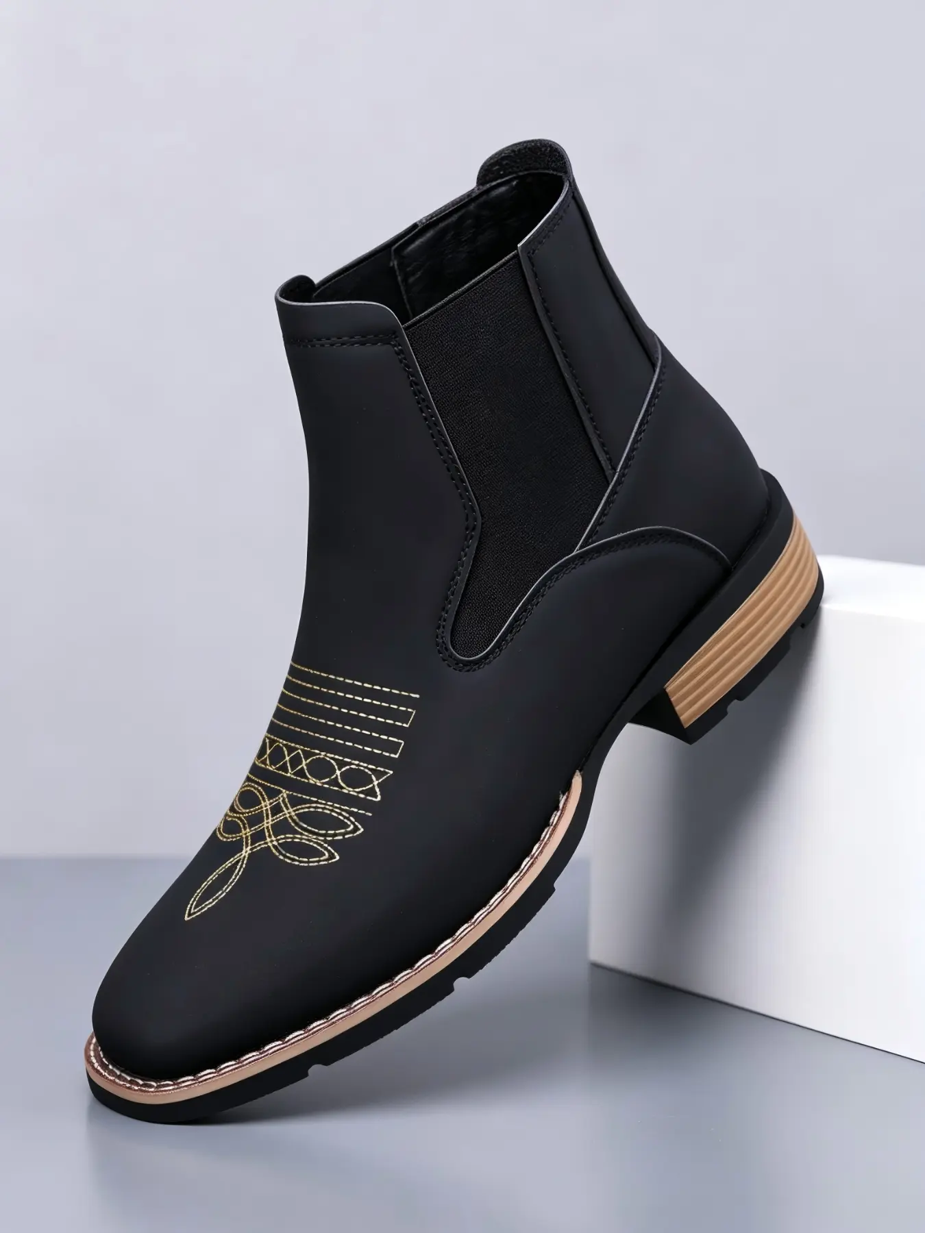 Men's Vintage Embroidered Chelsea Boots, Western Style Slip On Elastic Ankle Boots, Distressed Leather Block Heel Casual Work Boot, Non Slip Outdoor Dress Ankle Boots for Daily Commute, Classic Ankle Boots, Western Inspired Boots