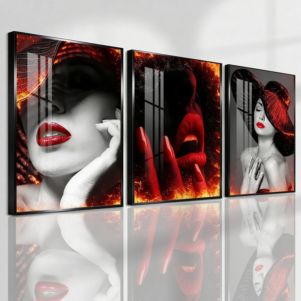3 Counts Aluminum Alloy Framed Painting, Abstract Red Lips And Black Hat Lady Pictures, Home Decoration For Living Room, Bedroom, Office, Restaurant, Hallway Wall Decor, Odorless Print Artwork, Luxury Perfect Gift For Friends And Family