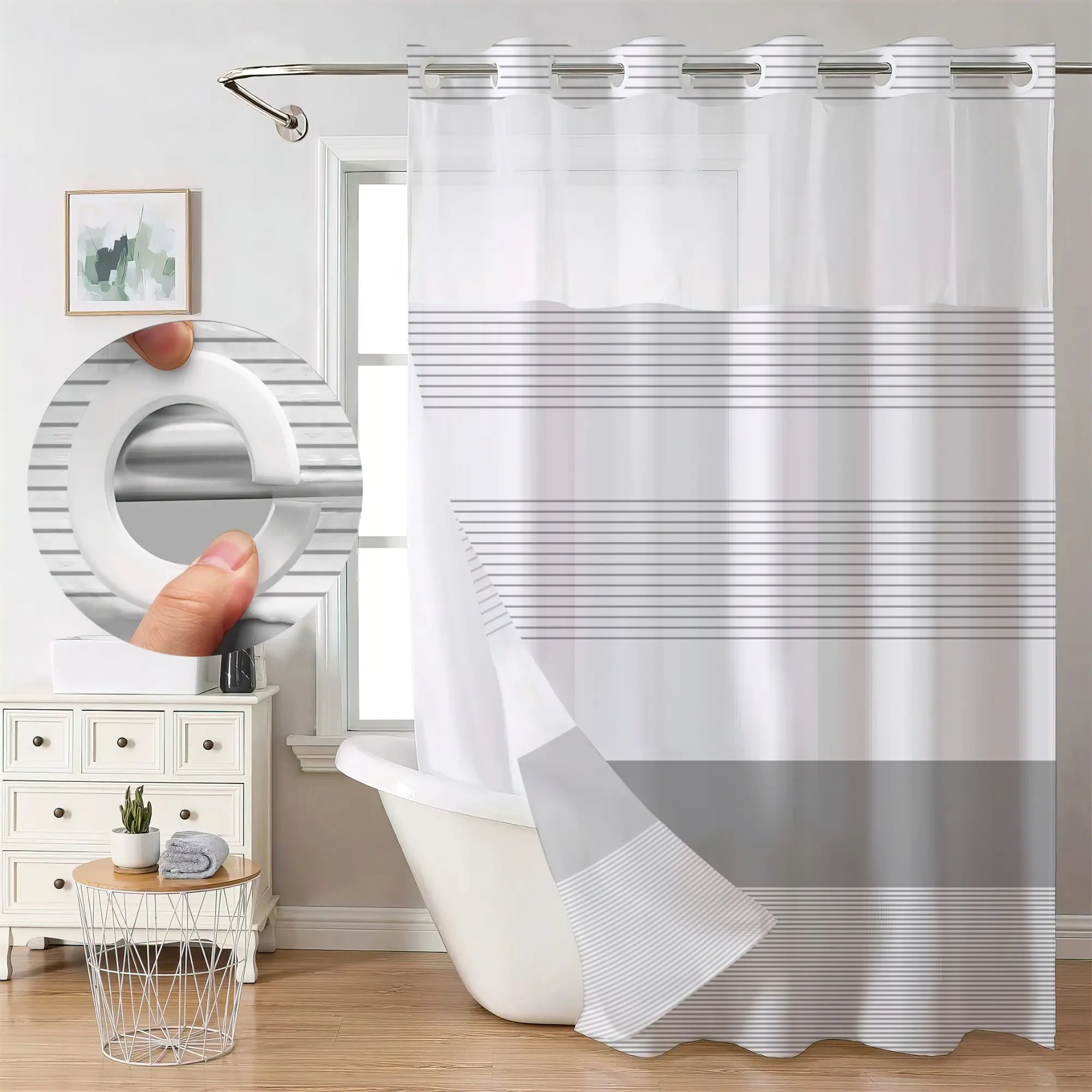 Waffle Stripes Aesthetic Shower Curtain, No Hooks, Hookless, Easy Installation, Modern Bathroom, Durable Waterproof Fabric, Home Decor Upgrade