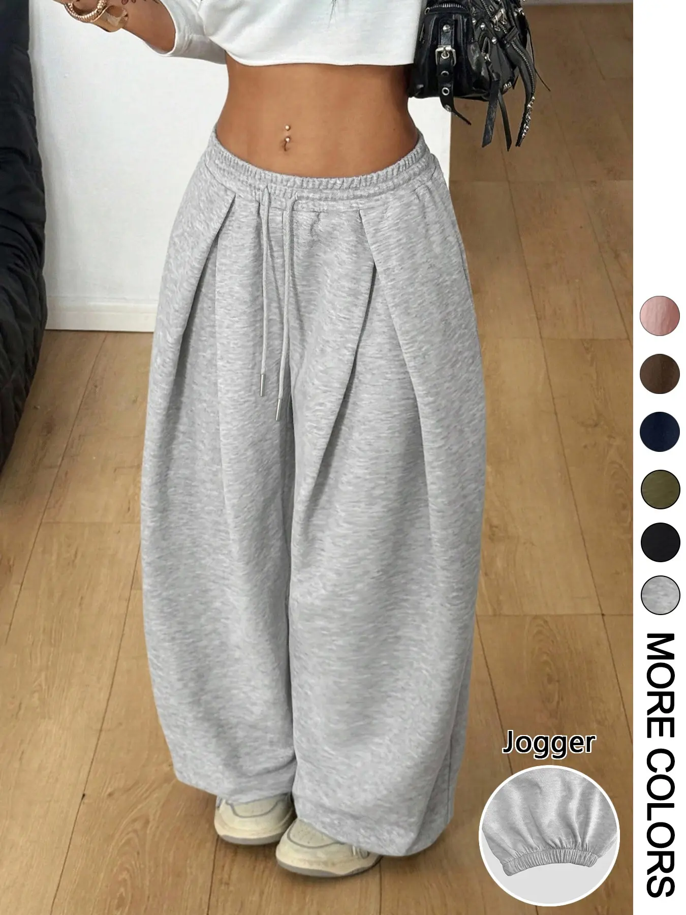 Women's Baggy Barrel Leg Sweatpants, Solid High Waisted Pleated Loose Fit Drawstring Casual Pants Jogger
