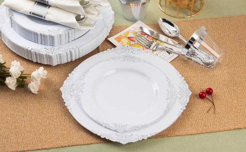 Bestluck 350PCS Silver Plastic Dinnerware Set for 50 Guests Includes 100 Plates 50 Silverware Sets 50 Napkins & Cups Vintage Gold Rim Elegant Disposable Perfect for Weddings Parties Special Events