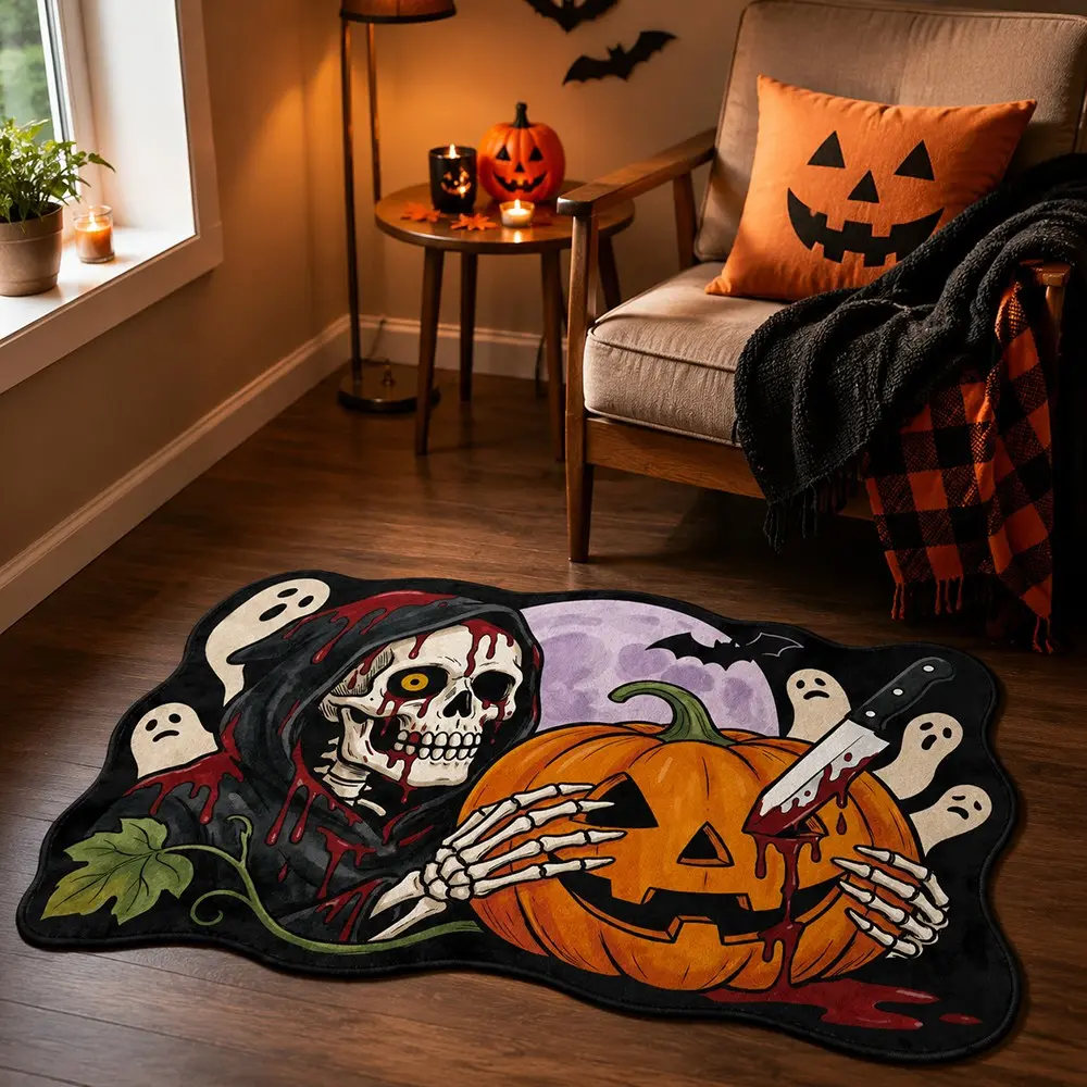 Halloween Grim Reaper Pumpkin Shaped Velvet Rug, Bloody Skeleton Ghost Bat Irregular Non Slip Doormat, Spooky Horror Gothic Floor Mat for Bedroom Living Room Entryway Halloween Home Decor
