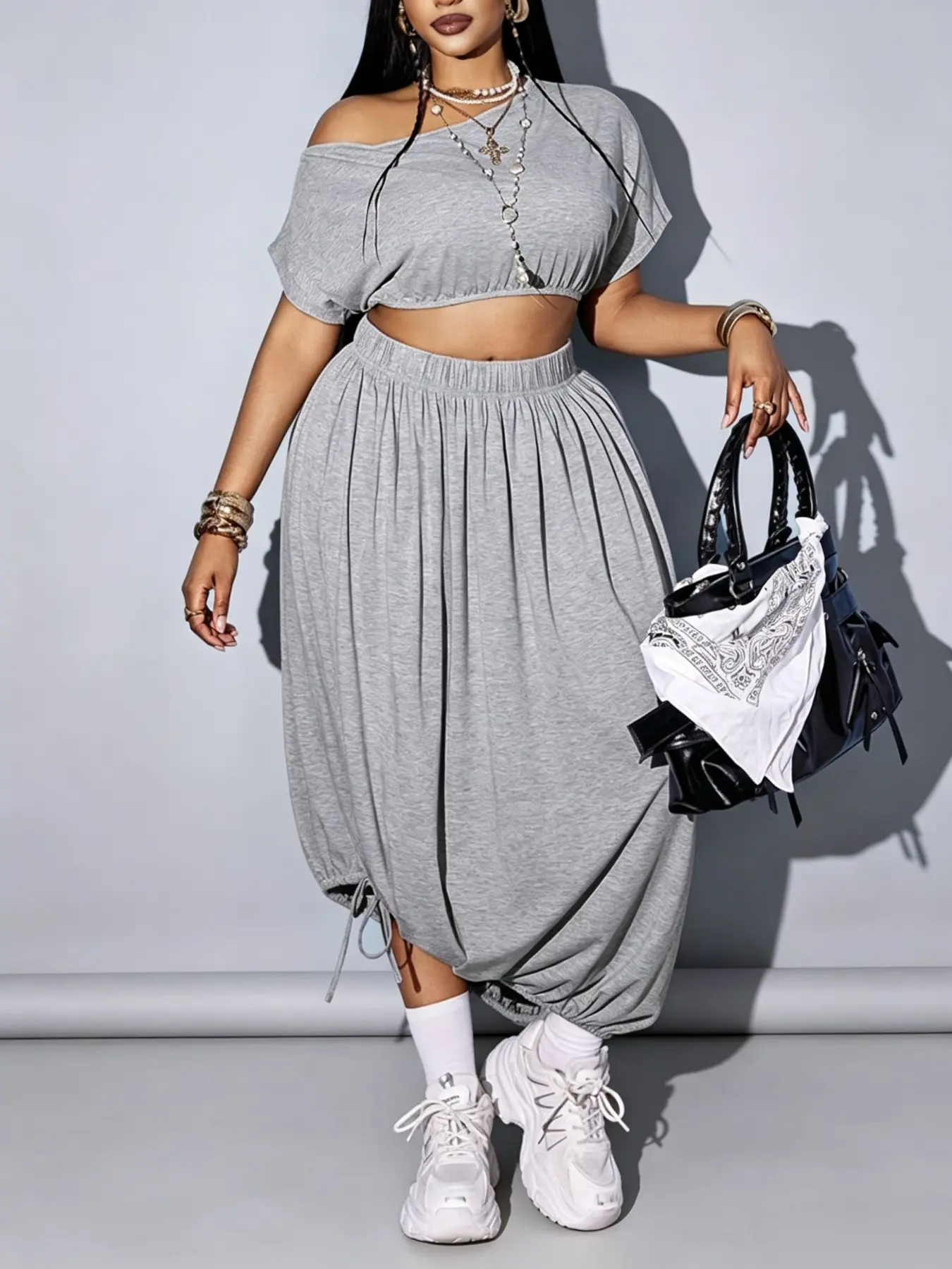 Women's Plus Size Casual Knit Two-Piece Set, Asymmetric Shoulder Crop Top and Drawstring Hem Loose Midi Skirt, Spring & Summer Outfits