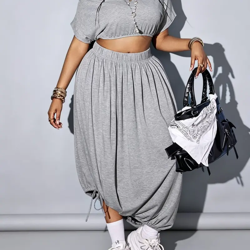 Women's Plus Size Casual Two-Piece Set, Asymmetric Shoulder Crop Top and Drawstring Hem Loose Midi Skirt, Spring & Summer Outfits, Outfit Sets Women